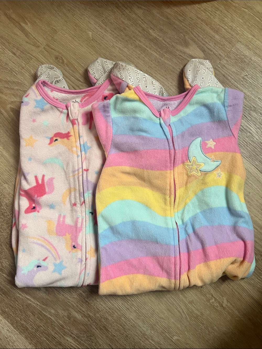 Set of 2 Kids Rainbow & Unicorn Fleece Pajama Feetied - Pink Multicolor